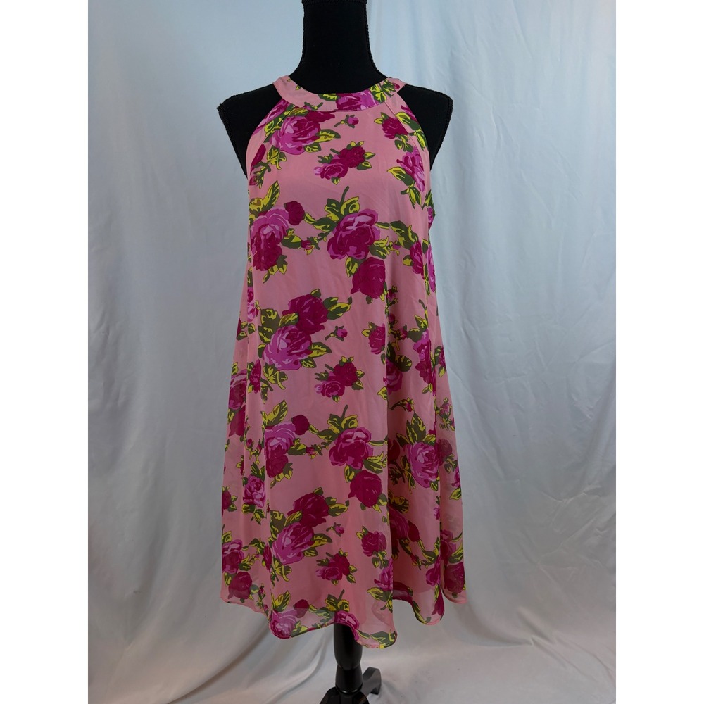 Betsey Johnson Pink Floral Chiffon Halter Shift Dress Size 6 Sleeveless Trapeze